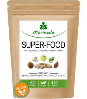 MoriVeda® Superfood Tabletten 1000mg | Moringa + Ashwagandha + Triphala Mischung | 120 Presslinge